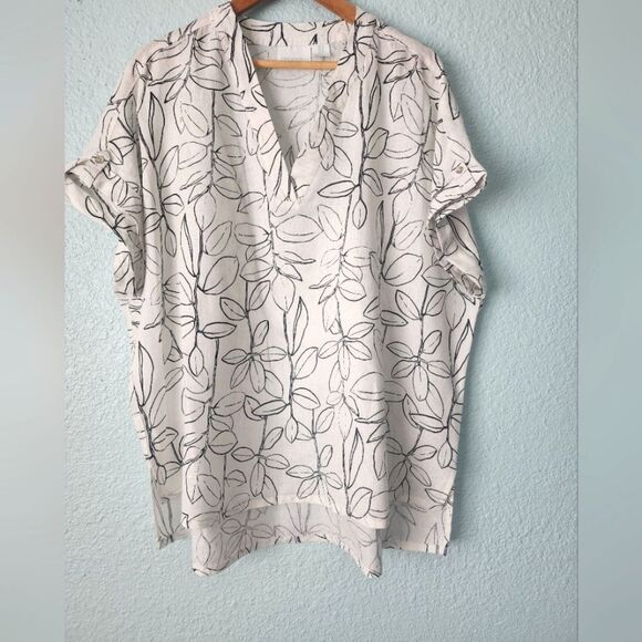 Cynthia Rowley Linen Minimalist Coastal White and Black Leaf Blouse - Picture 1 of 10